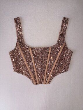 Fashion Nova Blush Sequin Corset Crop Tank Size Small